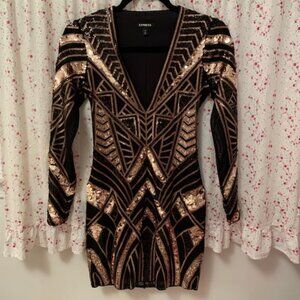 EXPRESS Black/Gold Aztec Sequined Long-Sleeve Bodycon/Fitted Mini Dress- XS